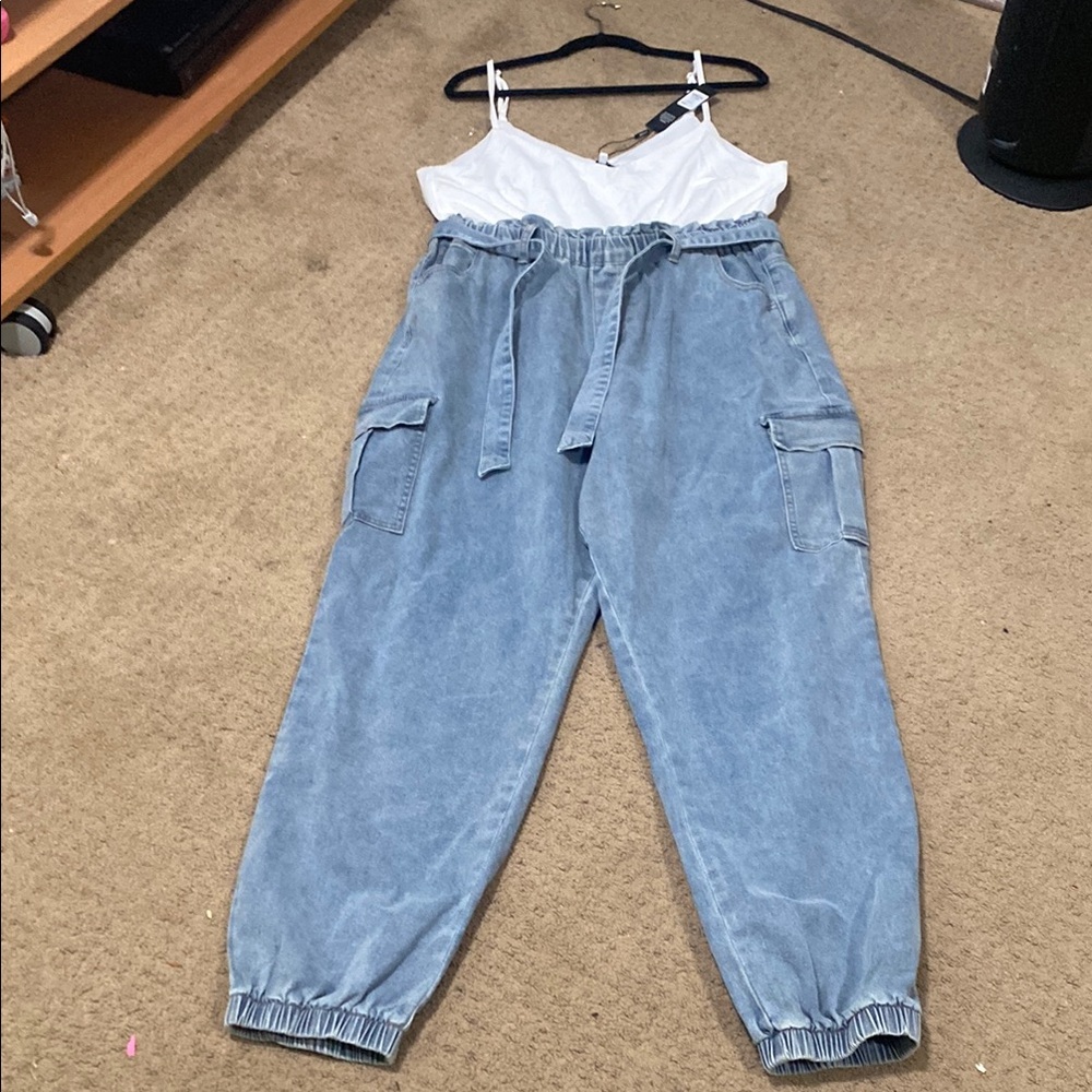White Tank Top and Blue Jogger Pants